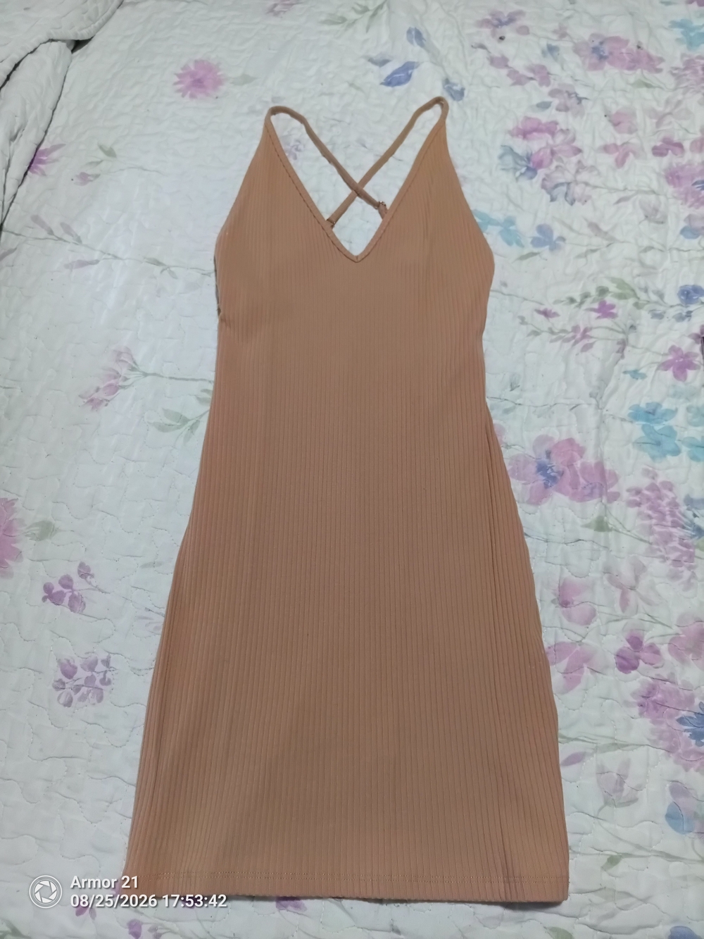 Ribbed V-Neck Midi Slip Dress in Tan